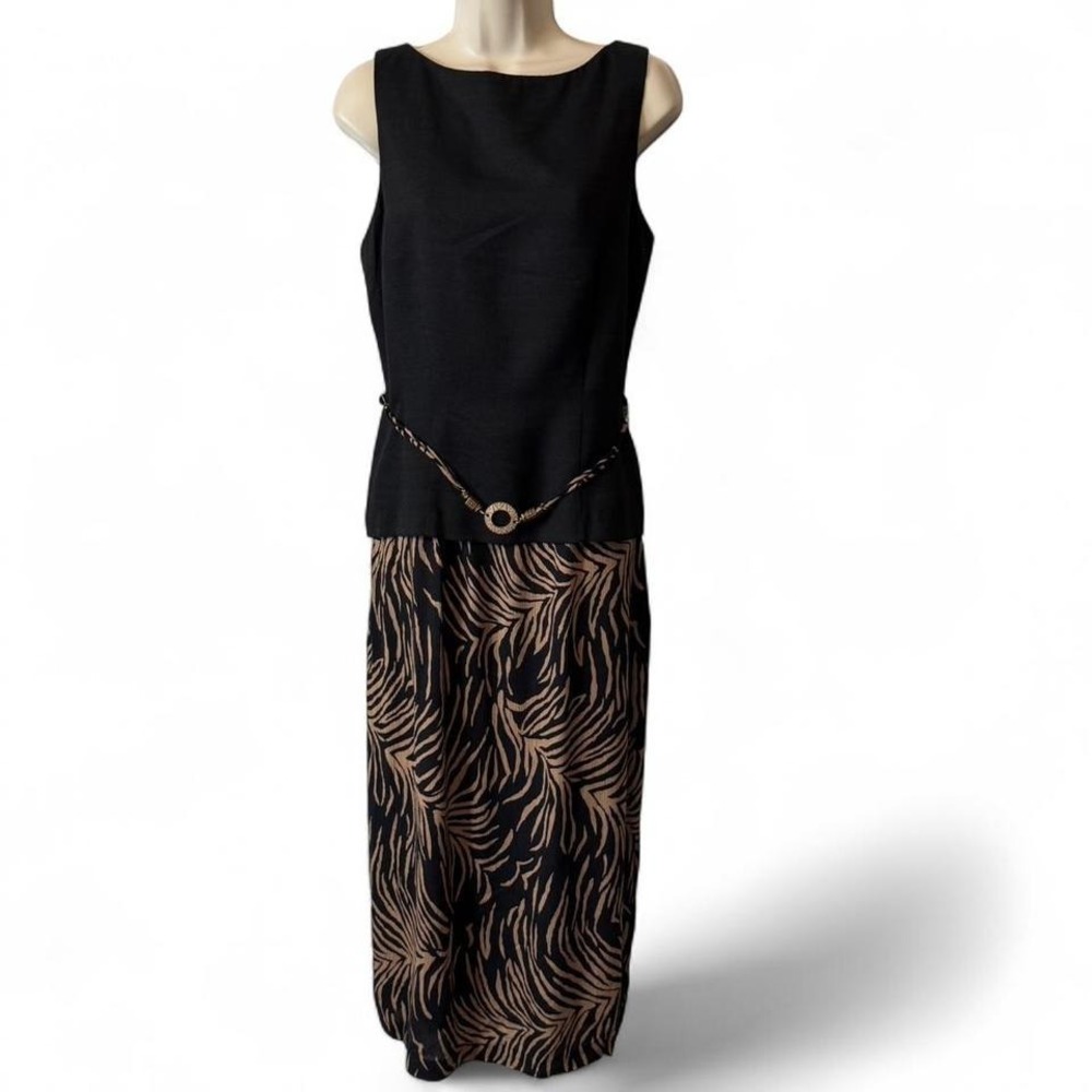 Vintage 90s Dressbarn Zebra Leaf Print Sleeveless Midi Dress, Women's Size 12